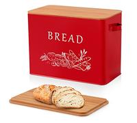 Joyfair Bread Bin, Metal Bread Box with Bamboo Cutting Board Lid, Extra Large Loaf Holder for Kitchen Countertop, Vintage Storage Container fit 2 Loaves, Space Saving & Farmhouse Style, Red