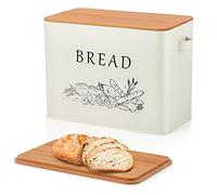 Joyfair Bread Bin, Metal Bread Box with Bamboo Cutting Board Lid, Extra Large Loaf Holder for Kitchen Countertop, Vintage Storage Container fit 2 Loaves, Space Saving & Farmhouse Style, Cream