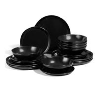 Joyfair Crockery Set for 6 People, 18-Piece Stoneware Dinner Service Set, Irregular Round Crockery with Dinner Plates, Dessert Plates, Cereal Bowls, Microwave & Dishwasher Safe, Reactive Matte Black