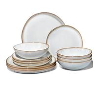 Joyfair Dinner Set, 12 Pieces Stoneware Dinnerware Set Service for 4, Reactive Glaze Irregular Shape Plates and Bowls, Chip & Scratch Resistant, Microwave & Dishwasher Safe, Gilded Alabaster White