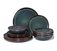 Joyfair Dinner Set, 12 Pieces Stoneware Dinnerware Set Service for 4, Reactive Glaze Irregular Shape Plates and Bowls, Chip & Scratch Resistant, Microwave & Dishwasher Safe, Blackish Green