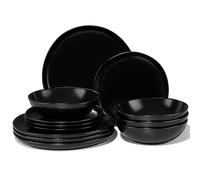 Joyfair Dinner Set, 12 Pieces Stoneware Dinnerware Set Service for 4, Reactive Glaze Irregular Shape Plates and Bowls, Chip & Scratch Resistant, Microwave & Dishwasher Safe, Matte Black