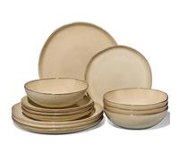 Joyfair Dinner Set, 12 Pieces Stoneware Dinnerware Set Service for 4, Reactive Glaze Irregular Shape Plates and Bowls, Chip & Scratch Resistant, Microwave & Dishwasher Safe, Sandy Khaki