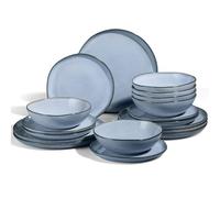 Joyfair Dinner Set, 18 Pieces Stoneware Dinnerware Set Service for 6, Reactive Glaze Irregular Shape Plates and Bowls, Chip & Scratch Resistant, Microwave & Dishwasher Safe, Lakeside Mist Blue