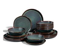 Joyfair Dinner Set, 18 Pieces Stoneware Dinnerware Set Service for 6, Reactive Glaze Irregular Shape Plates and Bowls, Chip & Scratch Resistant, Microwave & Dishwasher Safe, Blackish Green