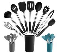 Joyfair Kitchen Utensils Set, 10 Pcs Silicone Cooking Utensils Set with Stainless Steel Handle, Heat Resistant Cooking Tools Spatula Turner Spoon with Holder, Dishwasher Safe & Non Scratch, Black