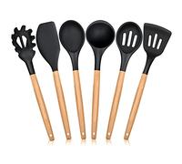 Joyfair Kitchen Utensils Set, 6 Pieces Silicone Cooking Utensils Set, Natural Wooden Handle Cookware Include Spatula/Turner/Spoon/Pasta Server/Soup ladle, Non Stick Non Toxic Heat Resistant, Black