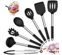 Joyfair Kitchen Utensils Set, 7 Pcs Silicone Cooking Utensils with Stainless Steel Handle, Non Scratch Cooking Tools Spatula Tongs Spoon for Non Stick Cookware, Heat Resistant & Dishwasher Safe, Black