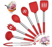 Joyfair Kitchen Utensils Set, 7 Pcs Silicone Cooking Utensils with Stainless Steel Handle, Non Scratch Cooking Tools Spatula Tongs Spoon for Non Stick Cookware, Heat Resistant & Dishwasher Safe, Red