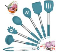 Joyfair Kitchen Utensils Set, 7 Pcs Silicone Cooking Utensils with Stainless Steel Handle, Non Scratch Cooking Tools Spatula Tongs Spoon for Non Stick Cookware, Heat Resistant & Dishwasher Saf, Blue