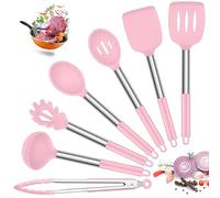 Joyfair Kitchen Utensils Set, 7 Pcs Silicone Cooking Utensils with Stainless Steel Handle, Non Scratch Cooking Tools Spatula Tongs Spoon for Non Stick Cookware, Heat Resistant & Dishwasher Safe, Pink