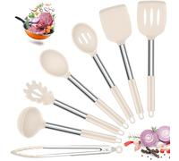 Joyfair Kitchen Utensils Set, 7 Pcs Silicone Cooking Utensils with Stainless Steel Handle, Non Scratch Cooking Tools Spatula Tongs Spoon for Non Stick Cookware, Heat Resistant & Dishwasher Safe, Khaki