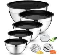 Joyfair Mixing Bowls Set of 5, Stainless Steel Nesting Bowl with Airtight Lids, 3 Grater Attachments & Metal Salad Storage Set for Baking Serving Mixing Prepping, Size 0.7/1.2/1.6/2.5/2.8/4.6QT, Black
