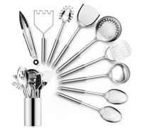 Joyfair Stainless Steel Kitchen Utensils Set, 10 Pieces Cooking Utensils Set with Holder, Kitchen Gadgets Tools with Turner, Spoons, Tongs, Ladle, Pasta Server & Potato Masher, Dishwasher Safe