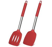 Joyfair Stainless Steel Silicone Spatula Pack of 2, Red | Cooking Turner/Non Stick Kitchen Slotted Utensil Set Ideal for Fish, Eggs, Pancakes, Heat Resistant & Dishwasher Safe
