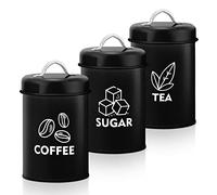 Joyfair Tea Coffee Sugar Canisters, 3 Pack of Metal Storage Jars with Air Tight Lid, Round Food Canisters Great for Storing Beans, Nuts, Candies, Cookies, Ideal for Kitchen/Office/Camping, Black