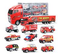 Joyfia 10 in 1 Fire Truck Toys, Mini Die-cast Fire Engine Car Toy Set in Carrier Truck, Rescue Emergency Double Side Transport Vehicle for 3 Years Old Boys and Girls