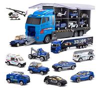 Joyfia 10 in 1 Police Toy Vehicles, Die-Cast Patrol Rescue Truck, Mini Police Truck Transporter Toy Set in Carrier Car Toy for 3+ Years Old Children Boys Girls