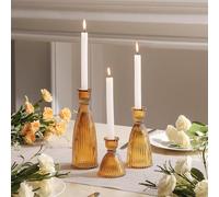 Joyfice Vertical Stripe Candlestick Holders Set of 3, Premium Glass Candle Holders for Candlesticks and Taper Candles, Vintage Candle Holder Decor for Table Centerpiece, Amber