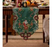 Joyfol Day Christmas Embroidered Green Table Runner 14 x 86 Inch, Cutwork Poinsettia Holly Leaves Santa Claus Table Runners, Tabletop Decoration for Winter Holiday Xmas/Dinner Party