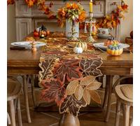 Joyfol Day Fall Thanksgiving Table Runner 14 x 33 Inches, Cutwork Embroidered Brown Maple Leaves Table Runners, Autumn Rust Dresser Scarf for Harvest Party Dinner Seasonal Decoration