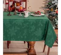 Joyfol Day Green Christmas Tablecloth, Jacquard Fabric Winter Poinsettia Rectangle Table Cloth, Countryside Florals Waterproof Kitchen Dining Xmas Party Table Cover (60x84 Inch)