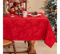 Joyfol Day Red Christmas Tablecloth, Jacquard Fabric Winter Poinsettia Rectangle Table Cloth, Countryside Florals Waterproof Kitchen Dining Xmas Party Table Cover (52x70 Inch)