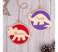 Joyforge Personalised Dinosaur Christmas Decoration - Custom Engraved Wooden Bauble with Name - Choice of Dino & Colour - Kids Christmas Tree Ornament & Keepsake Gift