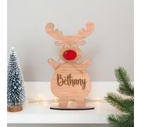 Joyforge Personalised Reindeer Christmas Decoration - Freestanding Wooden Figure Engraved with Name - Choice of Size, Rudolph Ornament for Mantelpiece or Christmas Table Place Setting
