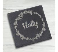 JoyForge Personalised Slate Coaster with Name - Custom Floral Wreath Drink Mat - Unique Birthday or Housewarming Gift for Women, Friend, Mum - Square Coffee Tea Mug Holder for Desk & Home Decor