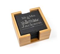 Joyforge Personalised Slate Coasters Set of 6 with Bamboo Holder - Custom Engraved Drink Coasters for Couples - Unique Wedding Gift & Anniversary Keepsake - Mr & Mrs Present for Husband, Wife