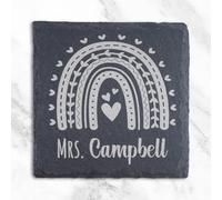 Joyforge Personalised Teacher Gift Slate Coaster with Rainbow Design - Custom Name Engraved Desk Accessory - Thank You, End of Term, for TA, Nursery