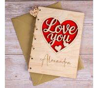 JoyForge Personalized Wooden Love You Card - 5x7 Real Maple Wood Keepsake - Custom Engraved Anniversary, Birthday, Valentine Gift for Wife, Husband, Boyfriend, Girlfriend - Red Heart Design