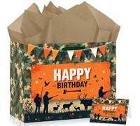 JoyframeAI Camo Hunting Birthday Gift Bag Decorations with Greeting Card Tissue Paper Camouflage Hunting Deer Wrapping Paper Bag for Hunter Themed Men Boys Birthday Party Supplies Decor Favors