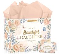 JoyframeAI Large Daughter Birthday Gift Bag Decorations with Greeting Card Tissue Paper Pink Rose Butterfly to My Beautiful Daughter Favor Bag for Daughter Birthday Party Decor Supplies Favors