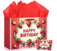 JoyframeAI Strawberry Birthday Gift Bag Decorations Red Sweet Berry Wrapping Paper Bag with Greeting Card Tissue Paper for Girls Kids Strawberry Theme Baby Shower Birthday Party Supplies Decor