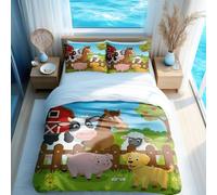 Joyful Animal Paradise Duvet Cover Set, Cartoon Tractor Kids Bedding, Farm Theme for Boys and Girls (02,King + 80 x 80cm x2)