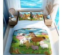 Joyful Animal Paradise Duvet Cover Set, Cartoon Tractor Kids Bedding, Farm Theme for Boys and Girls (03,Double + 80 x 80cm x2)
