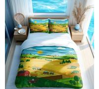Joyful Animal Paradise Duvet Cover Set, Cartoon Tractor Kids Bedding, Farm Theme for Boys and Girls (05,Double + 50 x 75cm x2)