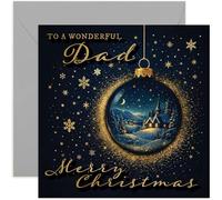 Joyful Christmas Card for Dad, Merry and Bright Gift, Festive Navy Gold Star Design, for Father Parent, Blank Inside with Envelope