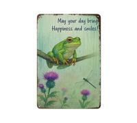 Joyful Frog on Blooming Branch: 'May Your Day Bring Happiness' Greeting Art Metal Wall Art Decorative Tin Sign for Home and Cave 12×8 Inch, 2D Flat