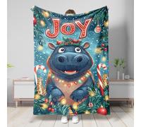 Joyful Hippo Holiday Plush Blanket, Blue Christmas Animal Decor Throw Blanket, Soft Cozy Fleece for Sofa, Travel, Camping, All Seasons 60x80 Inch