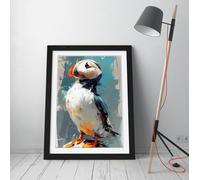 Joyful puffin oil painting Stunning Framed Wall Art Print Picture - A2 - Black Frame