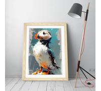 Joyful puffin oil painting Stunning Framed Wall Art Print Picture - A3 - Light Oak Frame