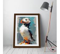 Joyful puffin oil painting Stunning Framed Wall Art Print Picture - A4 - Walnut Frame