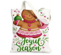 Joyful Season Gingerbread Canvas Tote Bags, Holiday Treat Pattern Reusable Grocery Bags, Winter Lightweight Washable Shoulder Strap Canvas 13x15 Inch