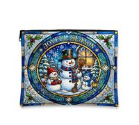 Joyful Season Snow Man Stained Glass Art Christmas Makeup Bag 7x9 Inch | Stained Glass Art, Makeup Zipper Pouch, Winter Holiday Theme, Holly Leaves, Snow Scene, Zippered Organization