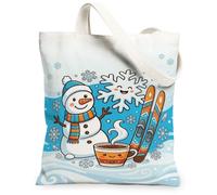 Joyful Snow Man Winter Theme Canvas Tote Bag 13x15 Inch | Smiling Snowflake, Steaming Cocoa Mug, Ski Gear, Fanciful Illustration, Seasonal Winter Atmosphere, Casual Carryall