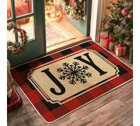Joyful Snowflake Doormat, Red Plaid Entrance Mat for Winter Holiday Decor, Rubber Non-Slip Indoor & Outdoor Welcome Mat, Easy to Clean 29x17 Inch