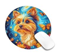 Joyful Yorkshire Terrier Floral Mouse Pad, Vibrant Blue & Orange Colorful Design, Spring-Inspired Butterfly Desk Mat, Non-Slip Washable Mousepad for Home and Office Use Round 8x8 Inch